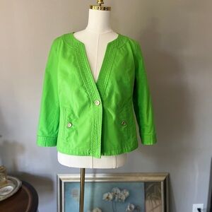 Talbots Petites Apple Green V-Neck Collarless Blazer Jacket